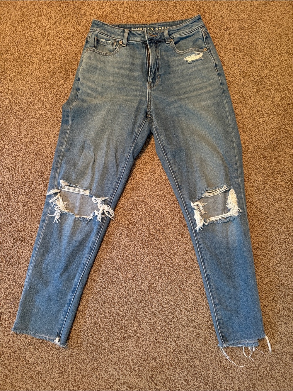 American Eagle Outfitters Distressed High-Rise Mom Jeans - Light Blue